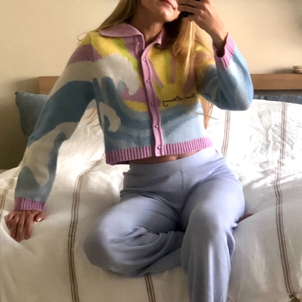 House of Sunny The ocean Pink and Yellow Cropped Cardigan